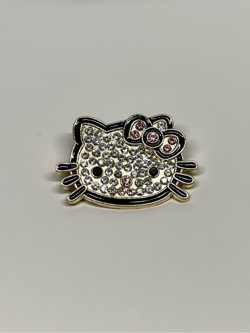 Rhinestone Kitty Face Pin with Pink Bow